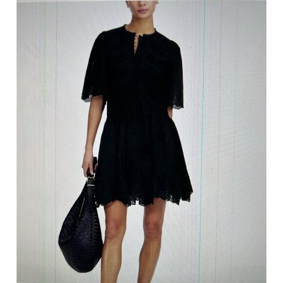 Madewell $158 Eyelet Flutter Sleeve Mini Dress in Cotton Black Size 0 NU556 - Picture 1 of 13